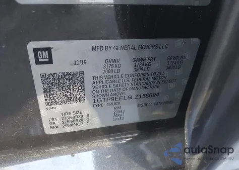 2020 GMC Sierra 1500 4Wd Short Box At4 from USA, damaged, VIN 1GTP9EEL6LZ156094